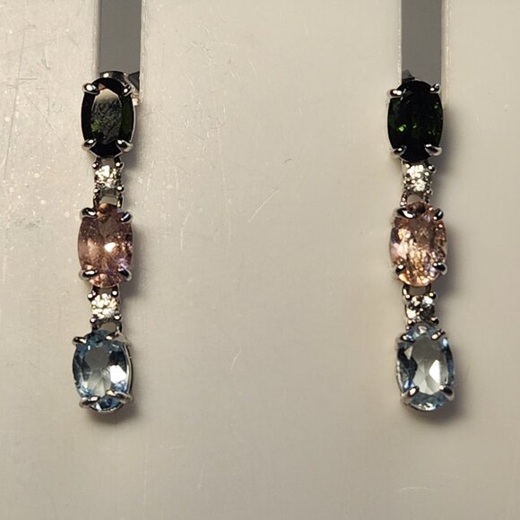 VTG NIB 925 Tourmaline Multi-Gem Dangle Drop Stud Earrings Signed 1" - Picture 13 of 14